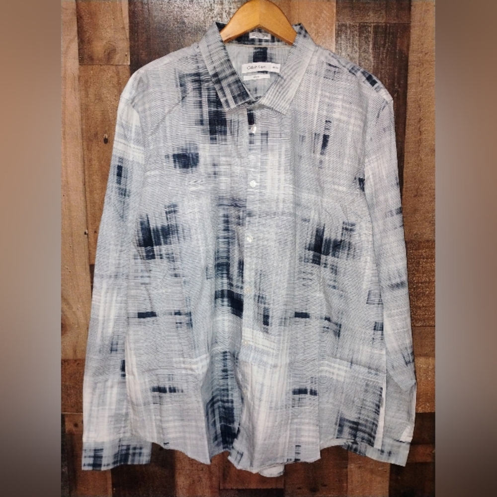 Calvin Klein Men's Slim Fit Grid Gray White Dress Shirt Long Sleeve Size XXL